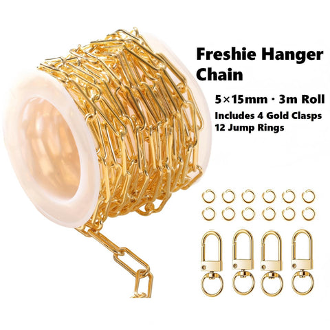 Freshie Hanger Chain, 5×15mm Paperclip Cross Chain 3m Roll, Iron DIY Chain with 4 Gold Clasps & 12 Jump Rings for Car Freshies and Jewelry Making